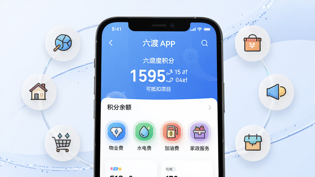 主体:手机六渡APP积分页面,显示积分余额及可抵扣项目图标,包括物业费、水电费、加油费、家政服务等。布局:手机屏幕特写,周围环绕各类生活服务场景的小图标。排版:简洁清晰,数据可视化呈现。风格:现代科技感与生活化结合。细节:积分数字醒目,抵扣项目图标精致,背景柔和。画质:高清渲染,干净,无多余元素。