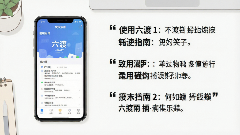 主体:一部手机显示六渡APP的“使用指南”页面,旁边有清晰的文字步骤说明,背景是简洁的桌面。布局:手机位于左侧,右侧文字说明,整体和谐。排版:图文并茂,条理清晰。风格:教程风格插画。细节:手机屏幕内容可辨认为六渡界面,文字说明使用引号标注关键步骤。画质:清晰,干净,无多余元素。