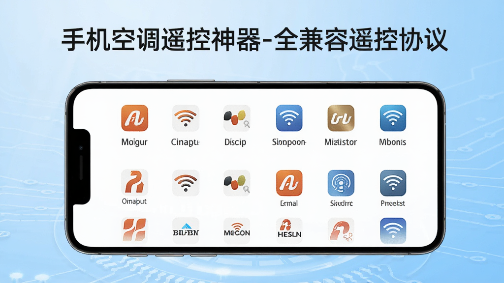 手机屏幕展示红外码库列表,品牌logo排列整齐,顶部标题“手机空调遥控神器-全兼容遥控协议”,背景为浅蓝色科技感渐变,图标精致,排版清晰,高清画质,简洁干净。