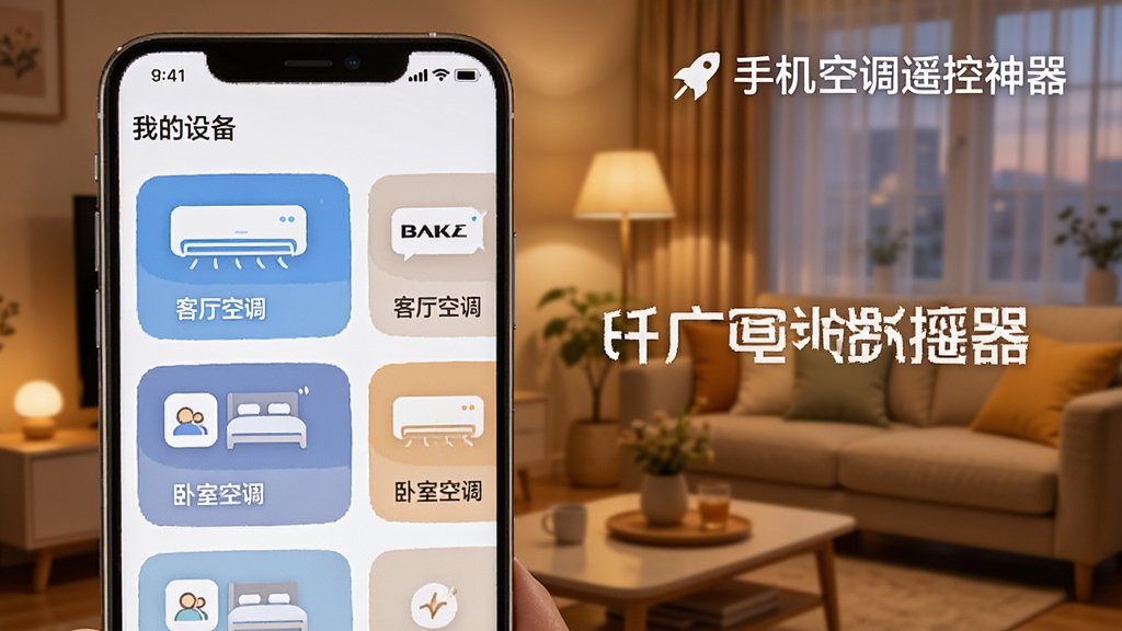手机界面展示“我的设备”列表,包含多台空调卡片,每张卡片有空调品牌图标和名称,如“客厅空调”“卧室空调”,背景为家居环境,暖色调,界面友好,标注“手机空调遥控神器”,高清画质。