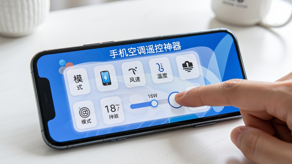 手机屏幕显示遥控面板,按键排列整齐,模式、风速、温度等图标清晰,手指滑动调节温度,屏幕标注“手机空调遥控神器”,背景为简约桌面,明亮清晰,高清画质。