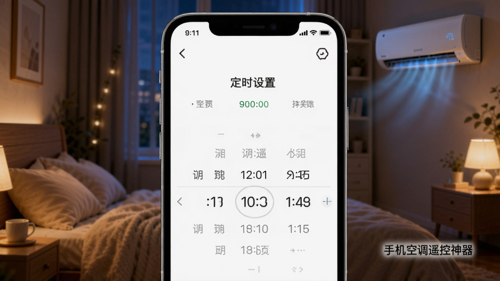 手机界面显示定时设置页面,时间选择器清晰,背景为卧室夜晚场景,空调运行,标注“手机空调遥控神器”,温馨舒适,高清画质。