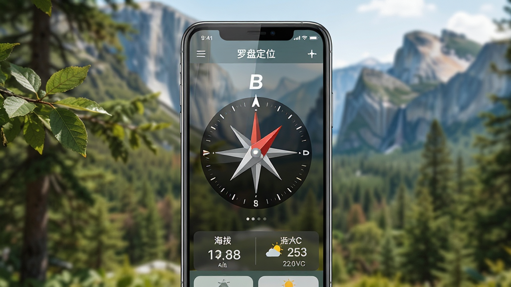 主体:手机屏幕显示“罗盘定位”应用在户外场景下的使用画面,背景是森林和山脉,手机屏幕中指南针指向北方,下方显示海拔和天气数据。布局:手机位于画面中央,背景虚化,手机屏幕清晰。排版:屏幕中罗盘占主体,数据显示在底部,风格:自然写实,光线明亮,细节:树叶纹理清晰,手机屏幕有反光效果。画质:高清,干净,无多余元素。
