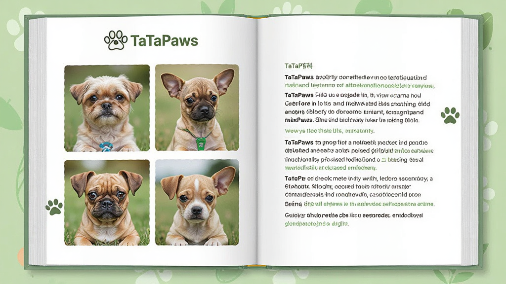一本打开的电子百科全书,页面显示“TaTaPaws”宠物百科栏目,左侧是可爱的宠物图片,右侧是清晰的文字介绍,背景是淡绿色的清新风格,排版整齐,画质清晰,无多余元素