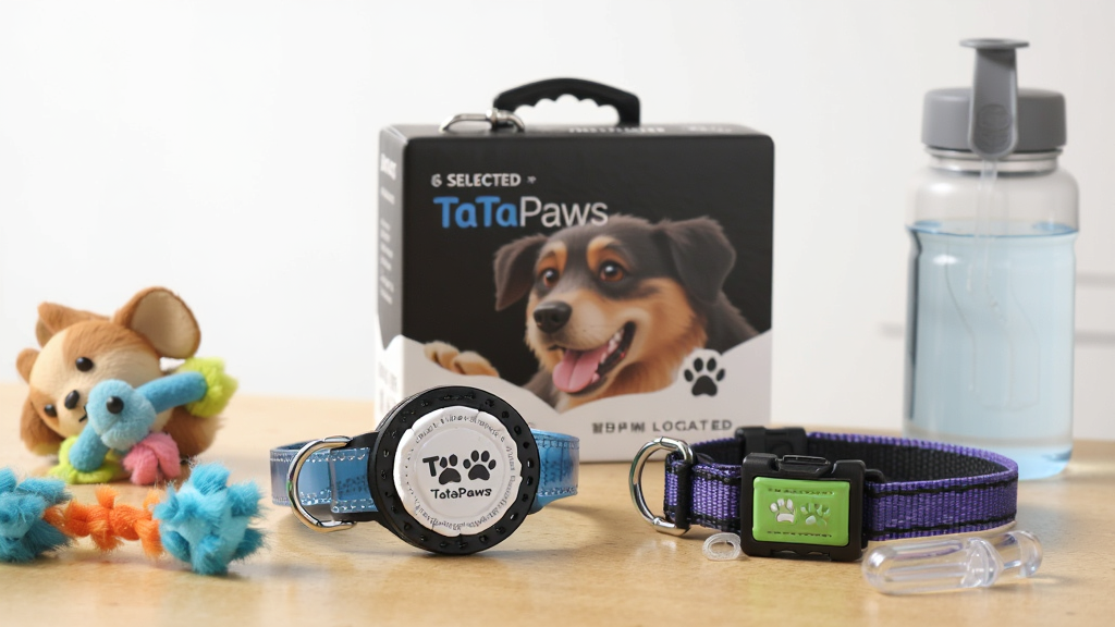 一张产品展示图,主视觉为“TaTaPaws”精选的智能定位宠牌和夜光项圈,放在木质桌面上,旁边有宠物玩具和水壶,背景简洁明亮,产品细节清晰,商业摄影风格,画质细腻,无多余元素