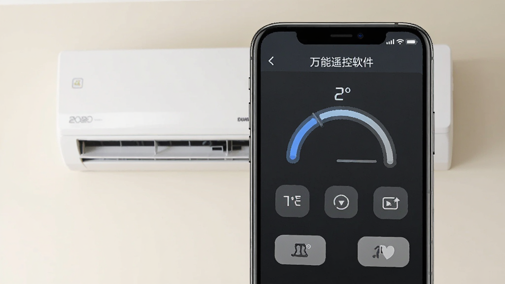 AI生成图片:空调手机万能遥控软件操作界面特写,展示温度调节和模式切换按钮,手机竖屏显示,背景为浅色墙壁和空调室内机,画面简洁,突出功能按键布局,风格写实清晰,画质高,无多余元素