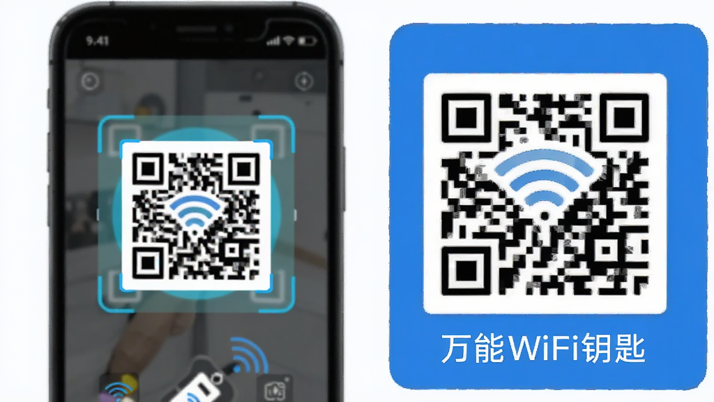 ��������Ϊ����WiFiԿ�׵�ɨ�����ӹ��ܽ��棬�ֻ���Ļ��ʾɨ���ά���ȡ���򣬱����黯���Ա���һ�����ɵ�WiFi��ά�뿨Ƭ����Ƭ�ϴ��С�����WiFiԿ�ס���������������ʵ�ã�������ɫ����ƽ����ƣ�ϸ�����������ʸ��壬�޶���Ԫ�ء�