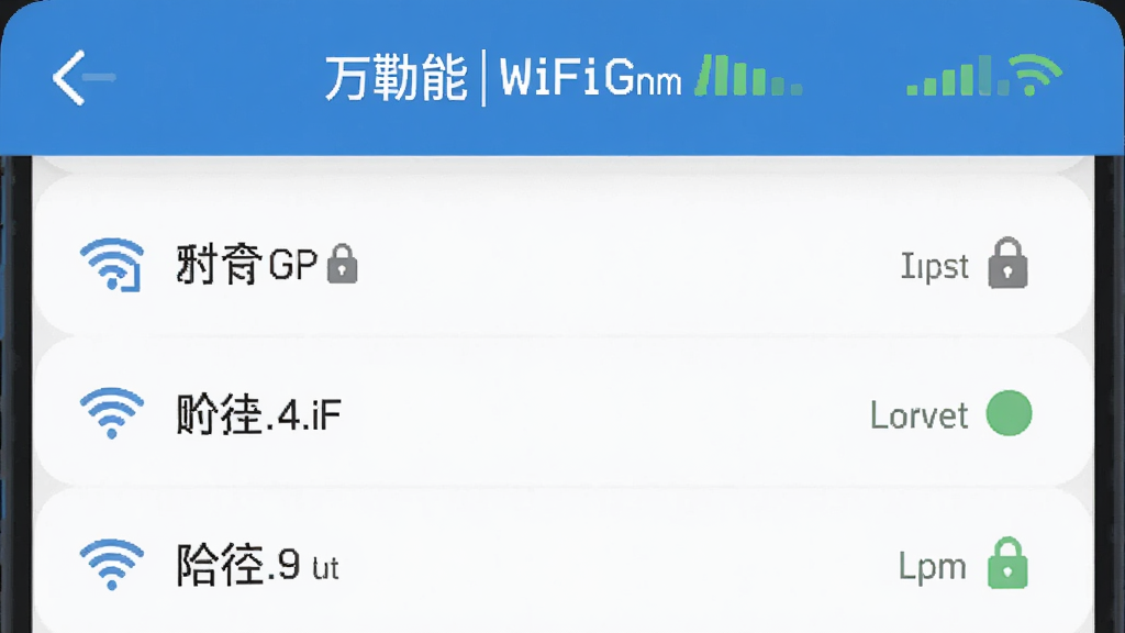 ��������Ϊ����WiFiԿ��Ӧ�ý��棬չʾWiFi�б�ҳ�棬������ʾ��ǰ���ӵ�WiFi���ƺ��ź�ǿ�ȣ��б����ж��WiFi���ƣ��еĴ���С��ͼ���ʾ���ܣ��е���ʾ������״̬������ɾ����࣬������ɫ����ƽ����ƣ�ϸ�����������ʸ��壬�޶���Ԫ�ء�