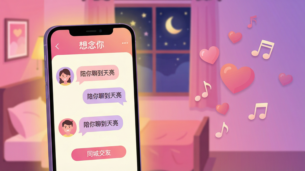 主体:一部亮着柔和灯光的智能手机屏幕显示“想念你”交友软件界面,界面中有男女头像和对话气泡,背景是温馨的卧室夜景,窗外有星星和月亮。布局:手机居中偏左,右侧留白处有飘浮的心形和音符图标,整体画面温馨浪漫。排版:手机屏幕界面清晰可见“想念你”三个字和“同城交友”按钮,右侧飘浮元素错落有致。风格:扁平化插画风,色调以粉紫渐变为主,搭配暖黄色灯光,营造出陪伴与温暖的氛围。细节:屏幕中对话气泡内显示文字“陪你聊到天亮”,人物头像笑容自然,画面干净无多余元素。画质:高清,色彩柔和,细节丰富,干净无多余元素。