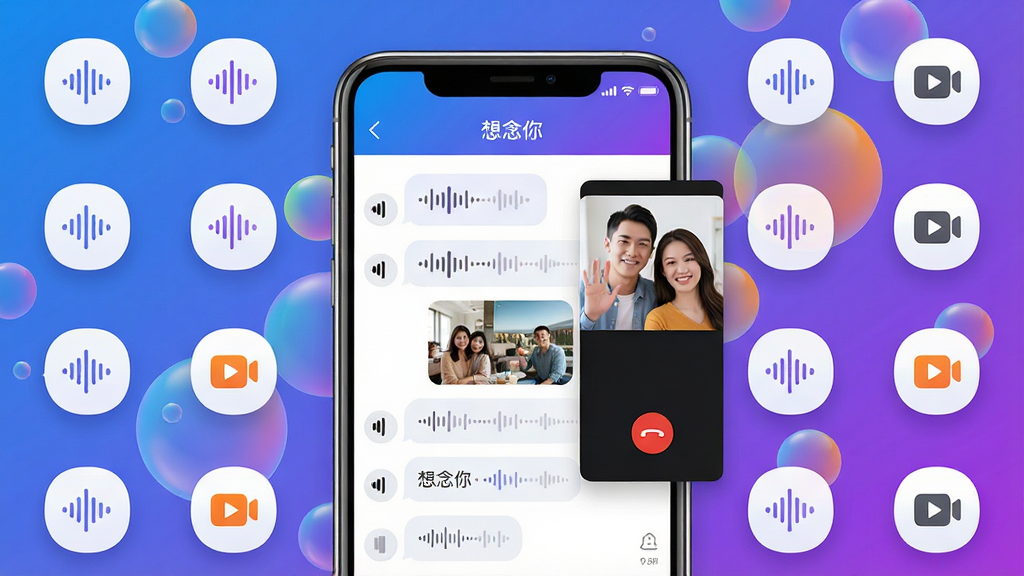 主体:一部手机屏幕展示“想念你”APP的聊天界面,屏幕左侧是语音条和图片消息,右侧是视频通话小窗口,背景是多彩的渐变气泡。布局:手机居中,四周环绕着文字、语音、视频的小图标,整体画面丰富有序。排版:手机屏幕内“想念你”名称在顶部,消息列表清晰可见,四周小图标大小一致,均匀分布。风格:现代简约风,配色以蓝紫渐变为主,搭配白色和橙色点缀,突出功能多样性。细节:视频小窗口内有一对男女微笑挥手,语音条上有波形图案,画面干净清爽。画质:高清,色彩明快,细节丰富,干净无多余元素。