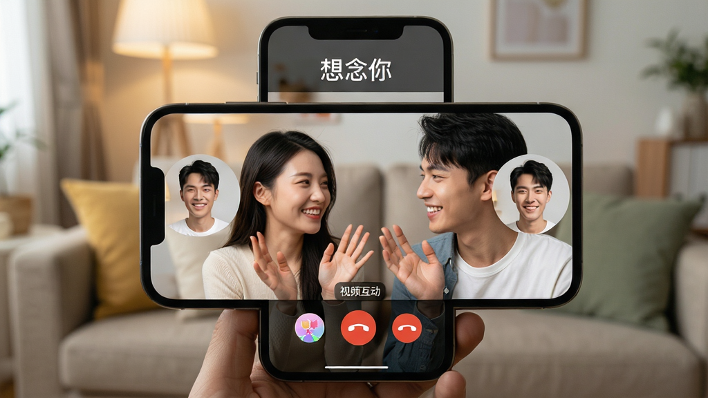 主体:两位年轻男女通过手机视频通话,手机屏幕中显示“想念你”视频聊天界面,背景是温馨的客厅。布局:手机屏幕占据画面中央,男女双方的头像分别位于屏幕左右两侧,笑容灿烂。排版:屏幕顶部有“想念你”字样,下方是视频画面和功能按钮(如美颜、挂断),整体布局清晰。风格:写实摄影风,灯光柔和,色调温暖,突出真实与亲密感。细节:男女双方眼神交流,手势自然,屏幕内可见“视频互动”小标签,画面干净无多余元素。画质:高清,肤色自然,细节丰富,干净无多余元素。