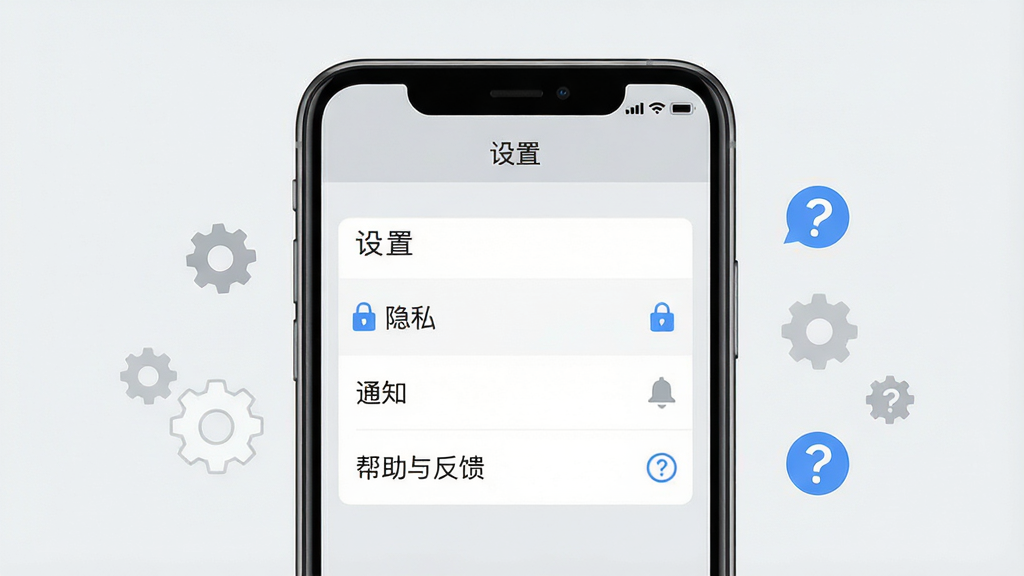 主体:一部手机屏幕显示“想念你”APP的“设置”页面,页面中有“隐私”、“通知”、“帮助与反馈”等选项,背景是简洁的纯色。布局:手机居中,屏幕内容清晰,周围有齿轮和问号小图标点缀。排版:屏幕顶部显示“设置”标题,下方列表项排列整齐,文字清晰可读。风格:扁平化UI设计风格,配色以浅灰和白色为主,搭配蓝色高亮元素。细节:屏幕中“隐私”选项旁有一个小锁图标,“帮助与反馈”旁有一个问号图标,整体画面干净清爽。画质:高清,界面细节丰富,无多余元素。