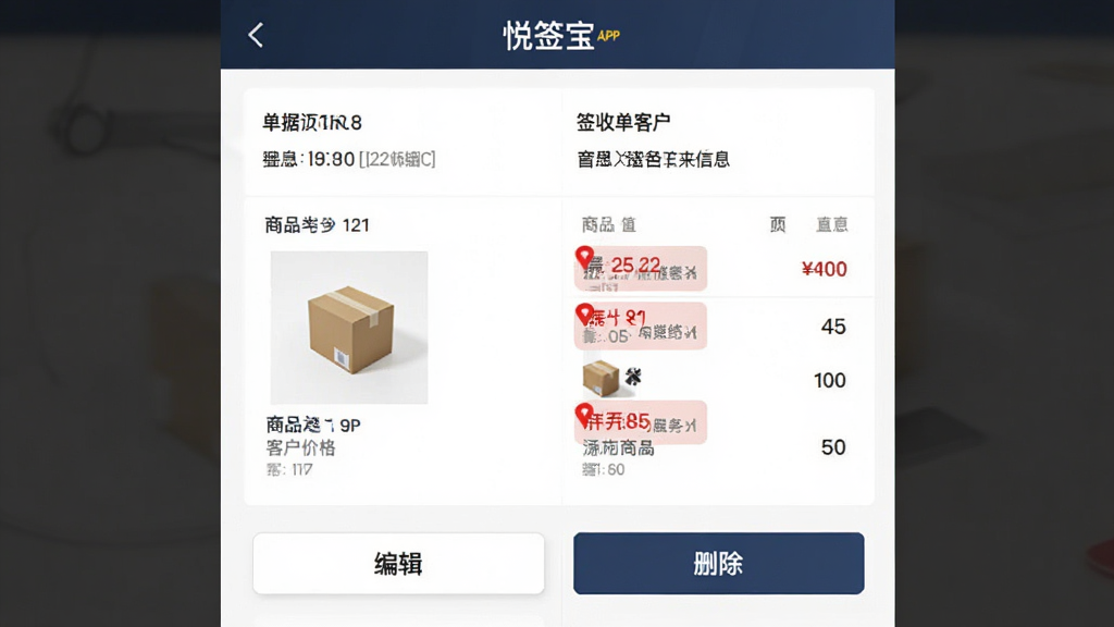 主体为悦签宝APP的签收单详情页,上部显示单据编号和客户信息,中部展示商品图片与价格列表,下部有“编辑”和“删除”按钮。布局为上下结构,排版规整,风格商务简洁,细节突出差异商品红色标记,画质高清,无多余元素。