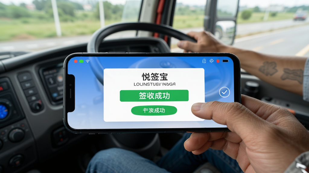 主体为手机横屏界面,屏幕上显示悦签宝的签收成功提示,背景为货车驾驶室,司机正在操作手机。布局为横向构图,风格写实,细节包括手机上的“签收成功”字样和司机的手部动作,画质干净,无多余元素。