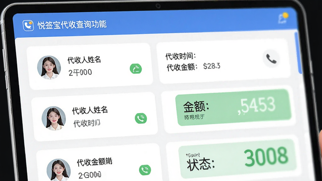 主体为悦签宝代收查询功能界面,屏幕显示代收人姓名、代收时间、代收金额和状态。布局为卡片式列表,风格清爽,细节包括代收人头像和电话图标,画质干净,无多余元素。