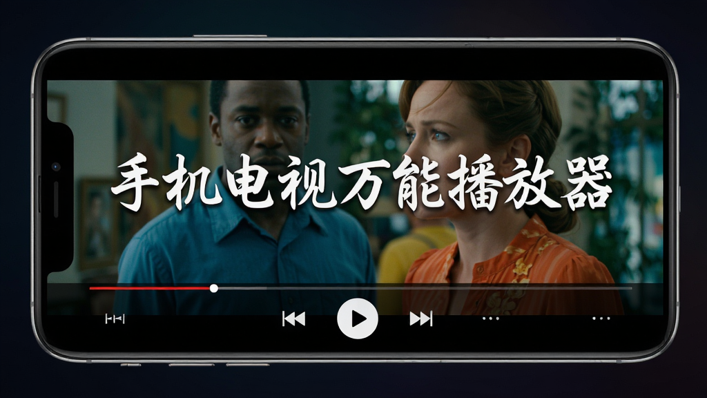 高清视频播放器界面展示,手机屏幕中播放着色彩鲜艳的电影画面,画面清晰细腻,背景是深色渐变,软件名称“手机电视万能播放器”以白色艺术字居中显示,下方有播放控制按钮,整体风格现代简洁,画质高清,干净无多余元素