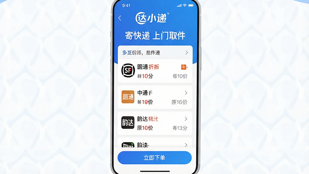 一张展示达小递APP主界面的高清截图,界面设计简洁现代,顶部显示“达小递”品牌logo和“寄快递 上门取件”宣传语,中间区域清晰展示多家快递公司价格对比列表,如顺丰、圆通、中通、韵达等,每个选项标注折扣价格和原价,底部设有醒目的“立即下单”按钮,整体色调以蓝色和白色为主,风格清新明亮,突出便捷、优惠、正规的寄件服务特点,画质清晰,干净无多余元素