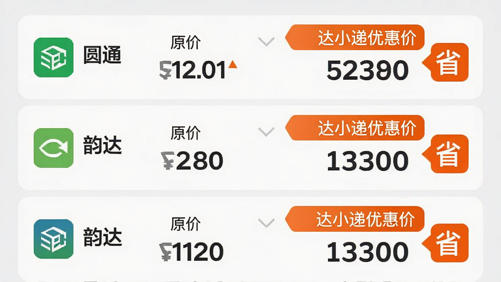 达小递APP内快递比价功能预览图,界面以列表形式展示圆通、中通、韵达等多家快递公司的寄件价格,每项标注“原价”与“达小递优惠价”,并用醒目的橙色标签突出“省”字,价格数字清晰可见,背景为浅灰色,界面简洁干净,突出优惠对比效果,整体风格商务实用,画质清晰,无多余元素