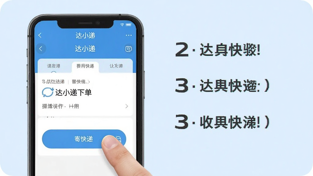 达小递APP使用教程步骤图,手机屏幕显示达小递下单界面,手指点击“寄快递”按钮,旁边有步骤说明文字,背景为淡蓝色,画面清晰简洁,突出操作指引,画质干净,无多余元素