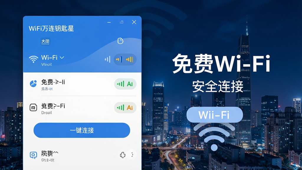 一张展示WIFI万连钥匙星软件主界面的高清截图,界面中显示附近Wi-Fi列表、信号强度图标和“一键连接”按钮,背景为现代城市夜景,整体色调以蓝色和白色为主,风格简洁明快,突出“免费Wi-Fi”和“安全连接”主题,画质清晰,干净无多余元素。