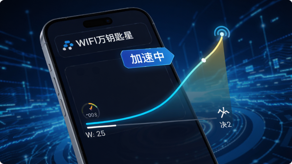 一幅展示WIFI万连钥匙星网络加速功能的动态效果图,画面中一个手机屏幕内显示网速从慢到快的曲线变化,背景为蓝色科技感光效,配以“加速中”文字标签,风格现代,画质清晰,细节丰富。