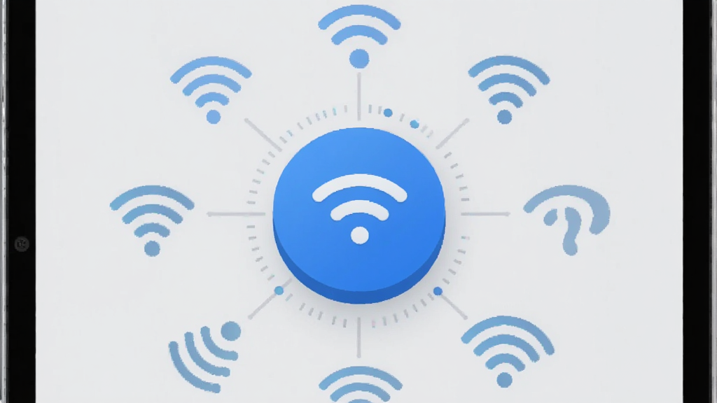 展示WIFI万连钥匙星“一键连接”功能的界面截图,画面中心是一个醒目的蓝色圆形连接按钮,周围环绕着多个Wi-Fi信号图标,背景为浅灰色,突出按钮的立体感和科技感,风格扁平化设计,画质清晰,干净无多余元素。