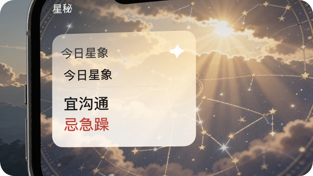 画面主体为手机推送通知界面,显示“今日星象”卡片,背景是清晨阳光透过云层照射在星座图案上,卡片内文字“宜沟通”“忌急躁”,整体色调温暖明亮,排版简洁,画质干净,无多余元素,文字标注“星秘”