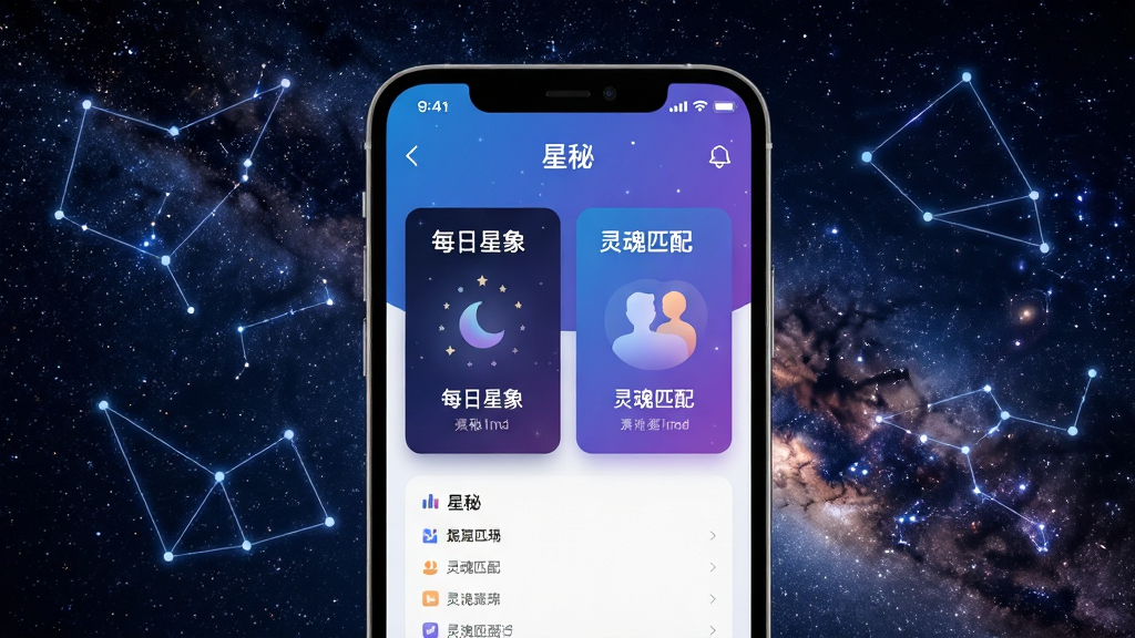 画面主体为手机屏幕展示星秘应用界面,背景是浩瀚星空与星座连线,屏幕中显示“每日星象”与“灵魂匹配”功能卡片,界面风格现代简约,蓝紫色渐变色调,排版清晰,画质干净,无多余元素,文字标注“星秘”二字