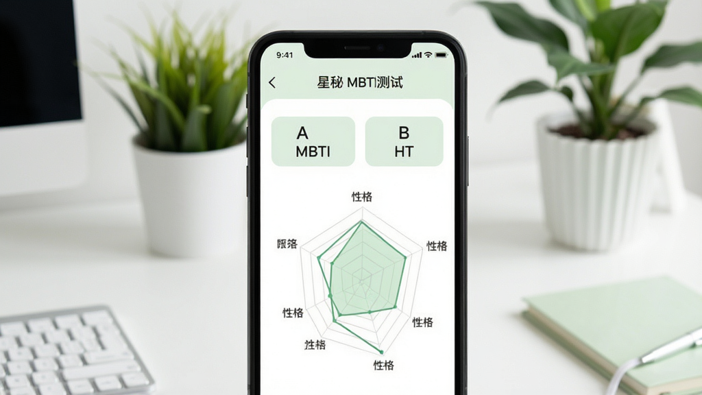 画面主体为手机屏幕展示MBTI测试结果页面,显示四个字母的人格类型与性格雷达图,背景是简约的办公桌与绿植,整体风格清新商务,白色与浅绿色调,排版清晰,画质干净,无多余元素,文字标注“星秘 MBTI测试”