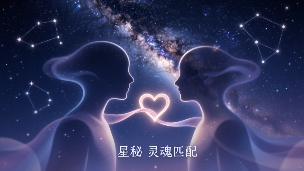 画面主体为两个抽象灵魂轮廓在星空下相遇,中间有发光的心形纽带,背景是银河与星座,整体风格浪漫梦幻,蓝紫色调,布局居中对称,画质细腻干净,无多余元素,文字标注“星秘 灵魂匹配”