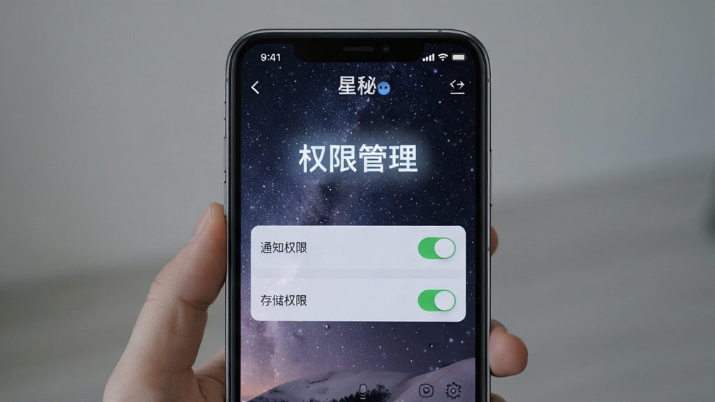 画面主体为手机操作界面,显示应用设置页面,有“通知权限”“存储权限”开关,背景是模糊的星空壁纸,整体风格简洁,高亮显示“权限管理”字样,画质干净,无多余元素,文字标注“星秘 设置”