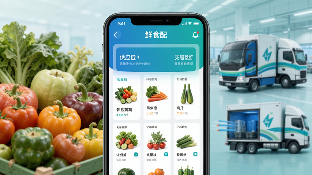 鲜食配app主界面展示,手机屏幕中显示商品分类、供应链信息、交易数据看板,背景为新鲜蔬果和冷链物流元素,整体界面简洁商务,蓝绿色调,高清渲染,干净无多余元素