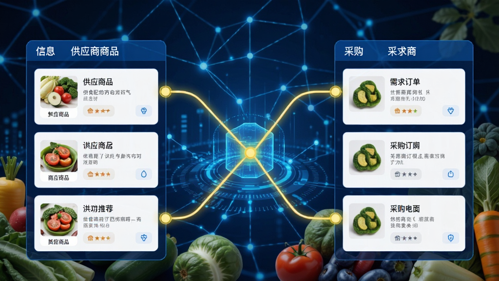 鲜食配智能匹配功能示意图,界面展示供需双方信息智能推荐列表,左侧是供应商商品卡片,右侧是采购商需求订单,中间用连接线高亮匹配成功,背景为数据网络和生鲜食材,蓝色科技感,高清干净