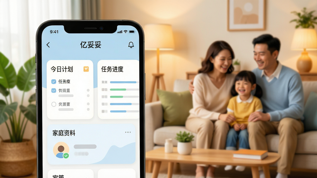 主体为一部智能手机屏幕特写,屏幕中显示“亿妥妥”App主界面,界面包含“今日计划”、“任务进度”、“家庭资料”等模块卡片,整体布局清晰。背景为温馨的家庭客厅,沙发、绿植、暖色灯光,一家三口在远处微笑互动。画面风格明亮、干净,采用扁平化设计,色彩以暖白和淡蓝为主,文字清晰,细节丰富,画质高清,无多余元素。