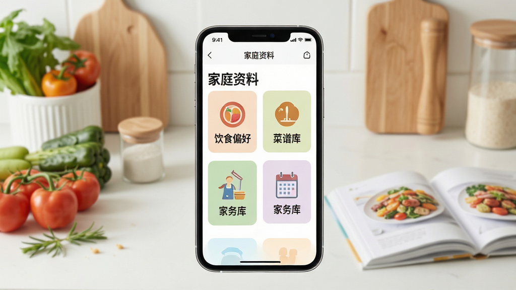 主体为手机界面展示“家庭资料”页面,上面分类展示“饮食偏好”、“菜谱库”、“家务库”等图标卡片,背景为整洁的厨房台面上摆放着食材和菜谱。布局清晰,文字标签醒目。风格写实,光线明亮,细节丰富,画面干净,无多余元素。