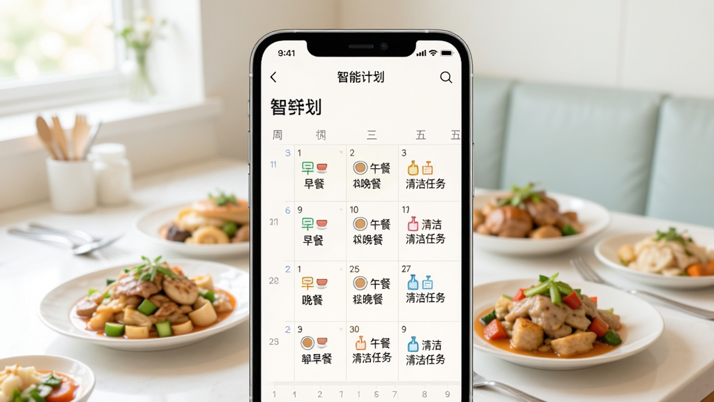 主体为手机屏幕展示“智能计划”界面,以周视图日历形式呈现,每天标注“早餐、午餐、晚餐”及“清洁任务”图标。背景为明亮的餐厅一角,桌上摆着丰盛菜肴。风格简洁,色彩柔和,文字清晰,细节到位,画质干净,无多余元素。