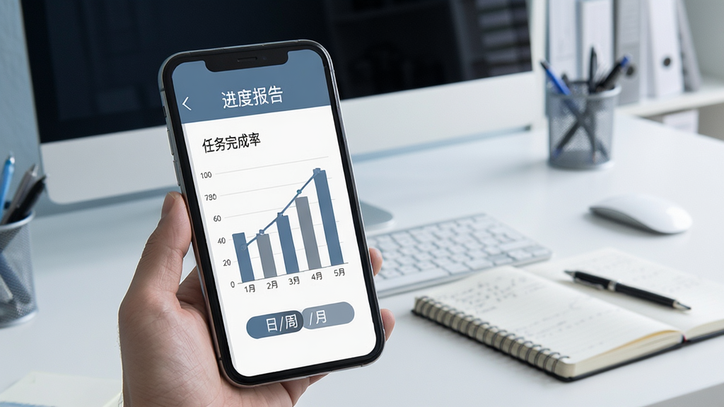 主体为手机屏幕展示“进度报告”页面,以柱状图和折线图展示任务完成率,下方有“日/周/月”切换按钮。背景为办公桌面,摆放着电脑和笔记本。风格商务简洁,蓝灰色调,数据清晰,画面干净,无多余元素。