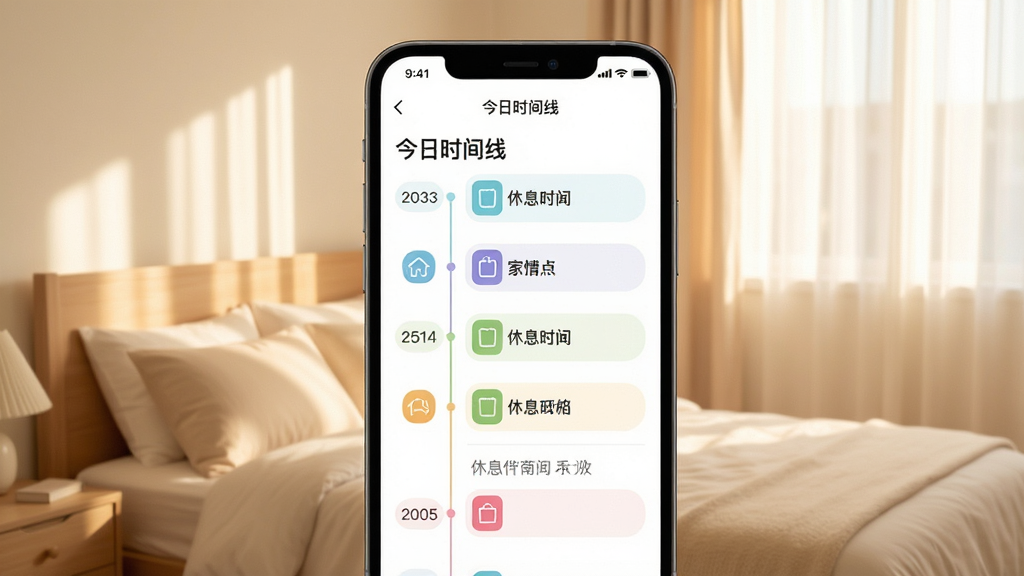 主体为手机界面展示“今日时间线”页面,以时间轴形式列出各项家务与休息时段,彩色图标区分不同任务。背景为温馨的卧室,阳光透过窗帘洒落。风格柔和,浅色调,文字清晰,画面干净,无多余元素。