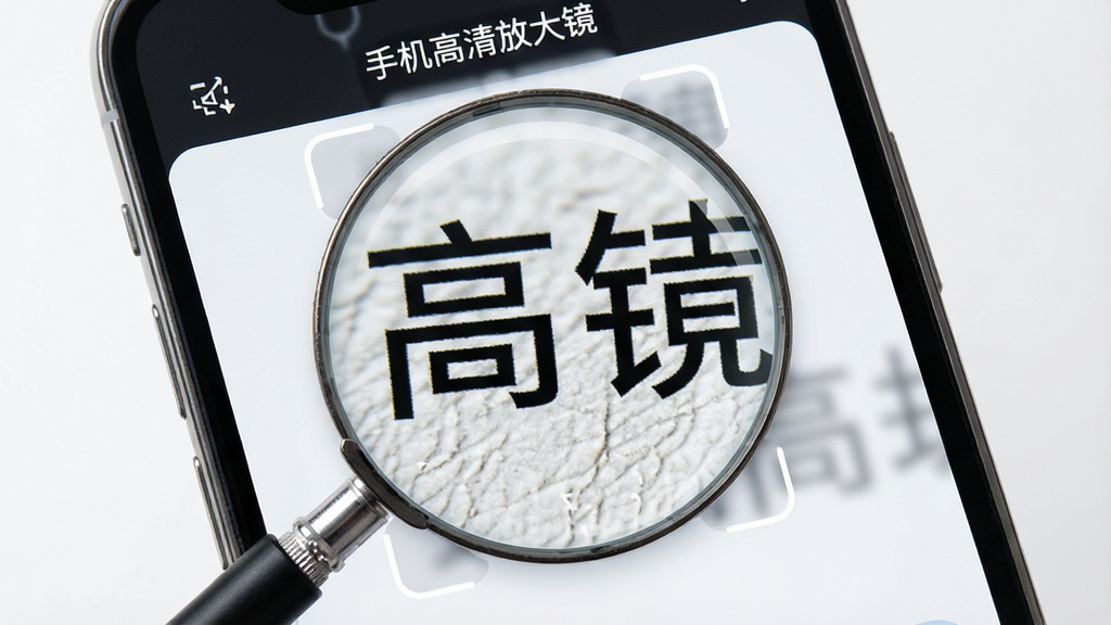 手机高清放大镜应用界面,主体为手机屏幕展示放大镜功能,布局中央显示一个圆形放大区域,内有清晰的文字和纹理细节,排版简洁,风格现代科技感,细节包括高倍放大后的清晰边缘和智能对焦框,画质高清干净,无多余元素,屏幕中显示“手机高清放大镜”字样