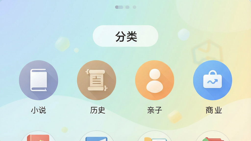 展示Tawux应用内容分类界面的图片,画面中央是“分类”标签页,下方排列着“小说”、“历史”、“亲子”、“商业”等圆形图标,背景为淡雅的渐变色,整体布局清晰,风格清新,画质干净,无多余元素