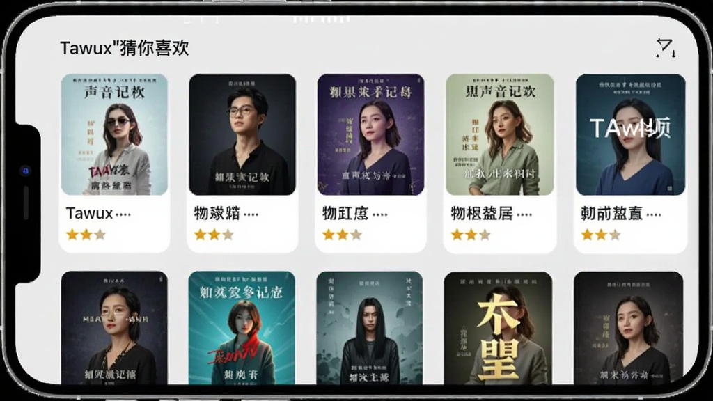 展示Tawux“猜你喜欢”推荐栏目的手机截图,界面以卡片式布局展示多本有声书封面,每张卡片下方有书名和评分,背景为浅灰色,整体风格简约时尚,画质干净,无多余元素