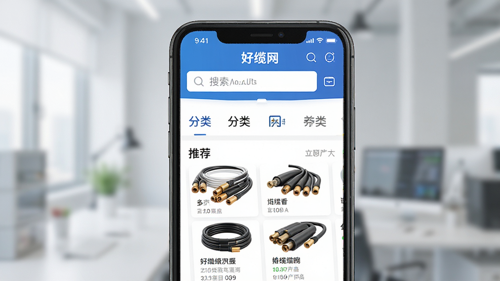 一张展示好缆网APP在智能手机上运行的界面预览图,主体是APP首页,布局清晰展示搜索栏、分类导航和推荐厂商列表,排版简洁明快,风格现代商务,细节上突出“好缆网”品牌标识和各类线缆产品图片,画质高清干净,无多余元素