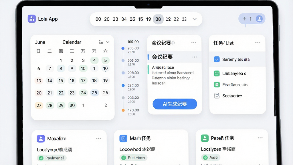 主体:罗拉App的办公场景界面,展示日历、会议纪要、任务列表,布局:上方为日期切换栏,中间为时间轴,底部为任务卡片,排版:卡片式布局,圆角设计,风格:明亮商务风,细节:有“AI生成纪要”按钮,画质:高清,干净,无多余元素
