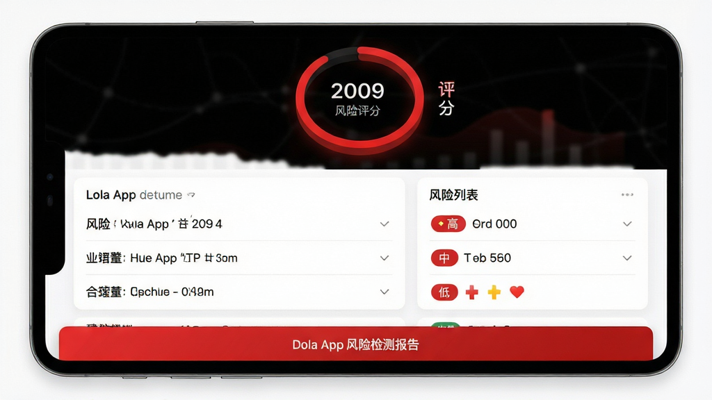主体:罗拉App的风险检测报告界面,显示合规评分与风险列表,布局:顶部为评分环,中部为风险条目,底部为建议操作,排版:数据可视化,风格:简约红黑配色,细节:风险项有“高、中、低”标签,画质:高清,干净,无多余元素
