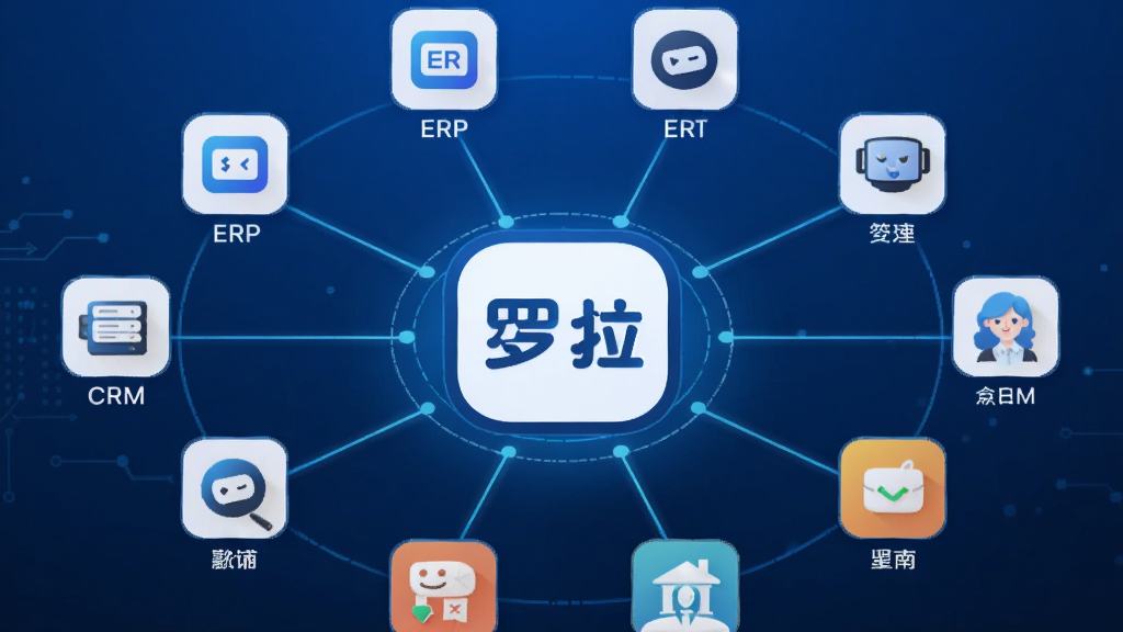 主体:罗拉App的生态连接界面,展示多个软件图标围绕“罗拉”Logo,布局:中心Logo,外围图标均匀分布,连线表示连接,排版:圆形辐射状,风格:科技蓝背景,细节:图标下标注“ERP”、“CRM”等文字,画质:高清,干净,无多余元素
