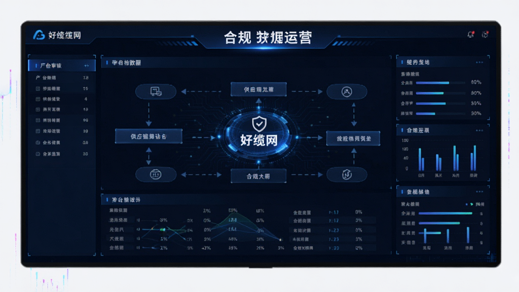 好缆网APP的厂商审核与数字大屏展示界面,主体是平台后台数据看板,布局具有科技感,展示供应链协同流程图,风格专业严谨,细节中体现“好缆网”品牌和“合规运营”字样,画质高清,无多余元素