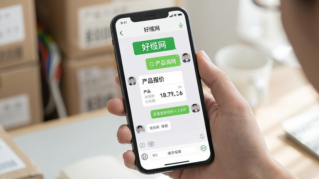 一张展示用户正在使用好缆网APP进行在线询价的场景图,主体是手机屏幕上的聊天界面,布局自然,排版清晰,风格生活化,细节突出“好缆网”对话框和产品报价信息,画质干净,无多余元素