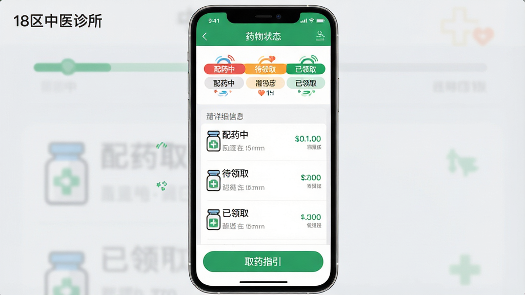 ���壺App�ڡ�ҩ��״̬��ҳ���ͼ����ʾ����ҩ�С�������ȡ��������ȡ���Ƚ���״̬��������ҩ��ͼ�ꡣ���֣�ҳ�涥��Ϊ״̬���������в�Ϊҩ����ϸ��Ϣ�б����ײ�Ϊ��ȡҩָ������ť���Ű棺���������ò�ɫ�ֶ���ƣ���Ϣ���������׶�����񣺱�ƽ��UI��ƣ���ɫ����ɫ�Ͱ�ɫΪ����ϸ�ڣ���Ļ���Ͻ��С�18����ҽ������������״̬��ǩ���ж�̬Сͼ�꣬����Ϊ��͵�ǳ��ɫ�����ʣ�������Ļ��ͼ��񣬸ɾ��޶���Ԫ�أ�ɫ��������