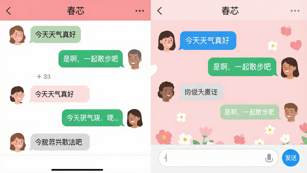 ���壺��оAPP������棬�������������ط���Ϣ�����֣����ҷ������������Ϣ�б����Ҳ��ǶԻ����ڣ�����Ϊǳ��ɫ���Ű棺�Ի����ݴ������£��ײ��������ͷ��Ͱ�ť����񣺱�ƽ����ƣ�ɫ�����졣ϸ�ڣ������������硰����������á����ǰ���һ��ɢ���ɡ���������ʾ����о�����������ʣ����壬�ɾ��޶���Ԫ�ء�