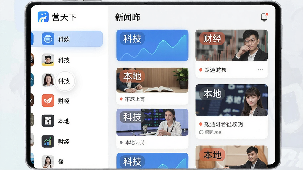 营天下APP的个性化订阅界面,左侧为可拖拽的频道列表,右侧为定制好的新闻卡片瀑布流,卡片上印有“科技”、“财经”、“本地”等标签字样,设计风格现代简约,配色清新,界面布局清晰,画质细腻干净